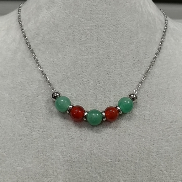 Red Carnelian Green Aventurine Natural Gemstone Necklace Stainless-Steel Crystal - Picture 5 of 13